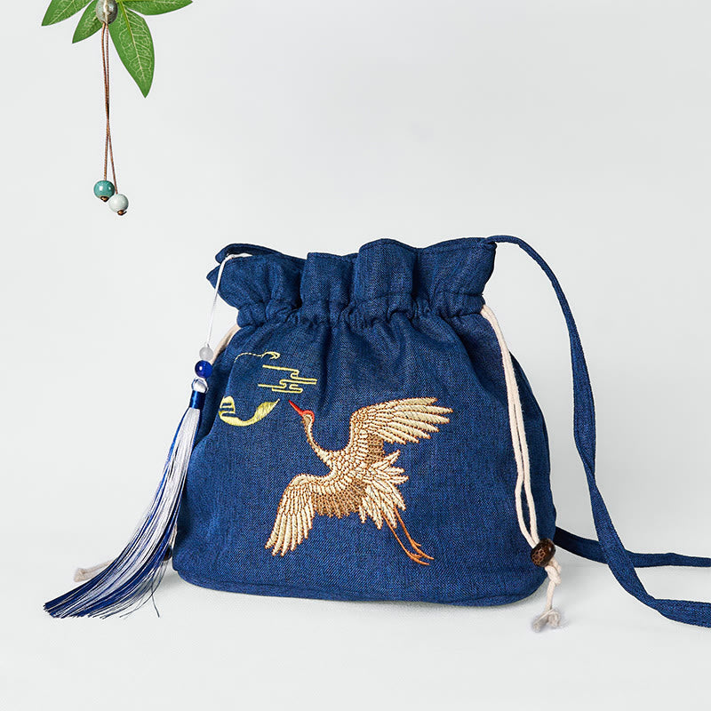 Sac à bandoulière en coton et lin bleu marine avec grue