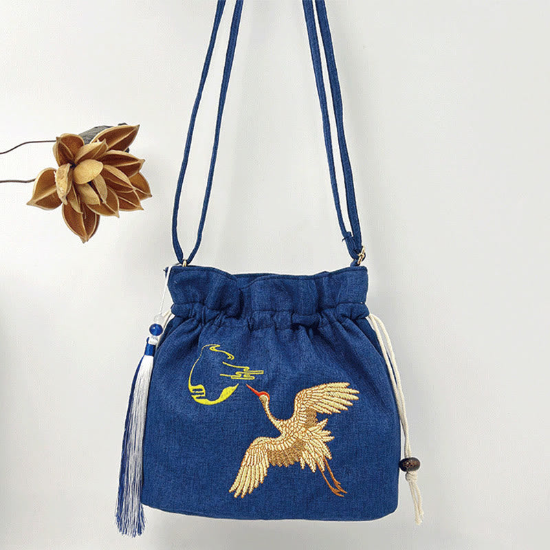 Sac à bandoulière en coton et lin bleu marine avec grue