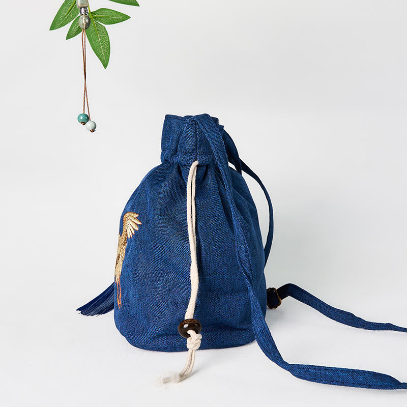 Sac à bandoulière en coton et lin bleu marine avec grue
