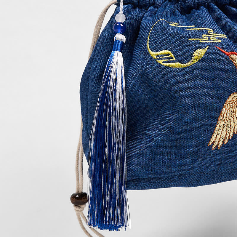 Sac à bandoulière en coton et lin bleu marine avec grue