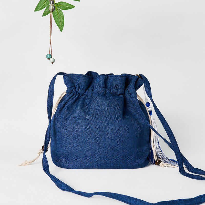 Sac à bandoulière en coton et lin bleu marine avec grue