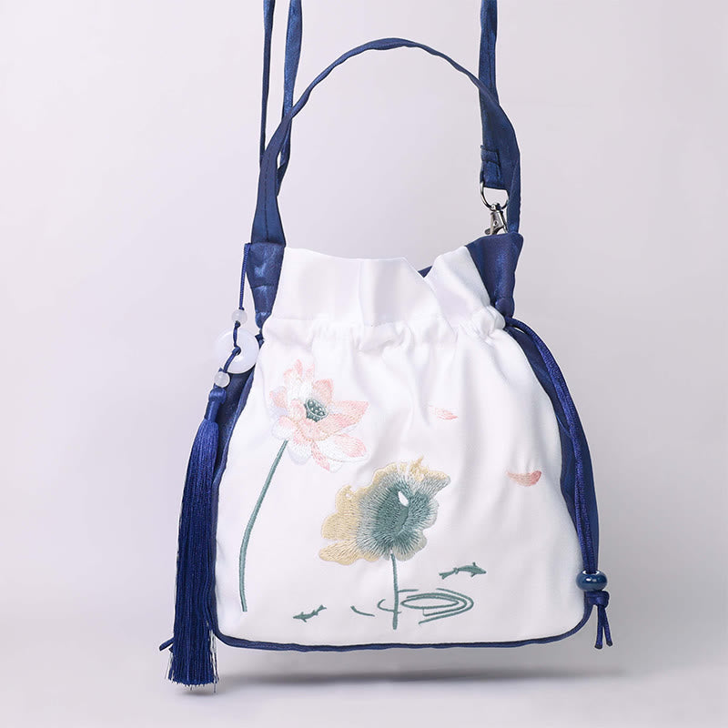 Sac fourre-tout en coton et lin avec broderie Lotus Koi 20 cm