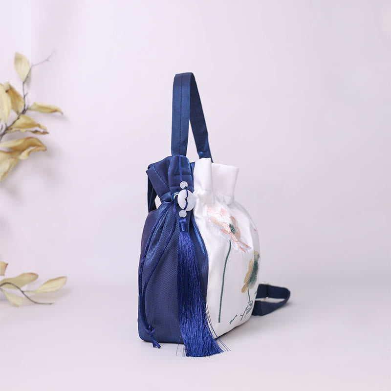 Sac fourre-tout en coton et lin avec broderie Lotus Koi 20 cm