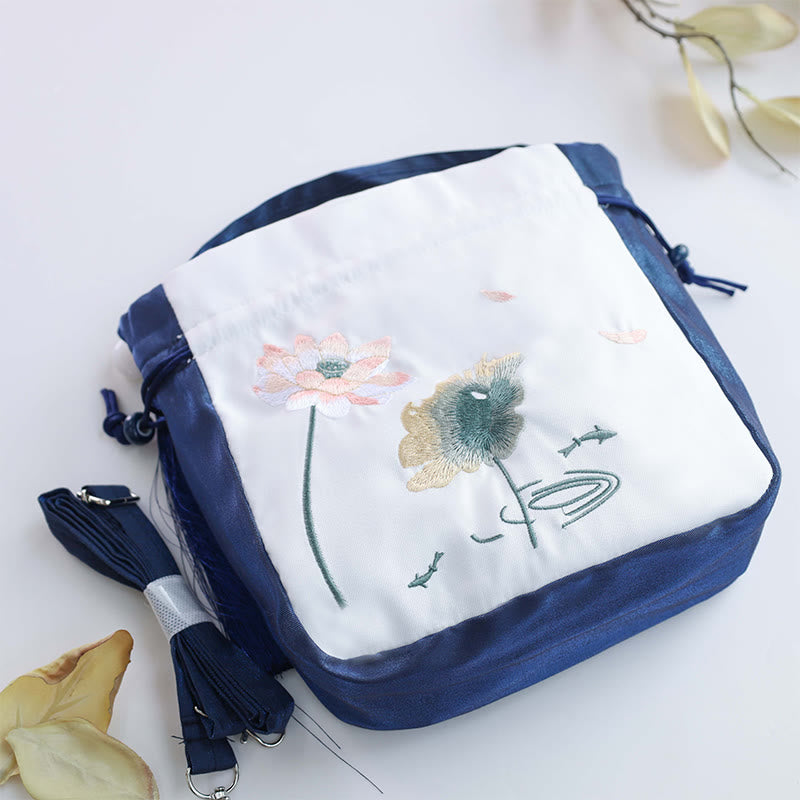 Sac fourre-tout en coton et lin avec broderie Lotus Koi 20 cm