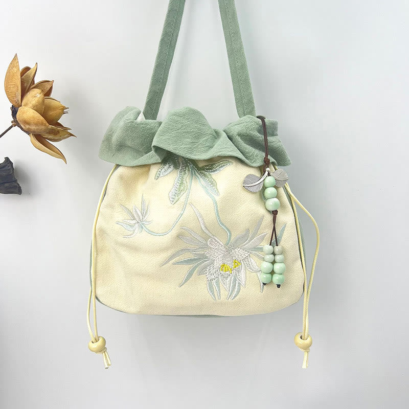 Sac fourre-tout en coton et lin avec broderie Lotus Spirituel 20 cm