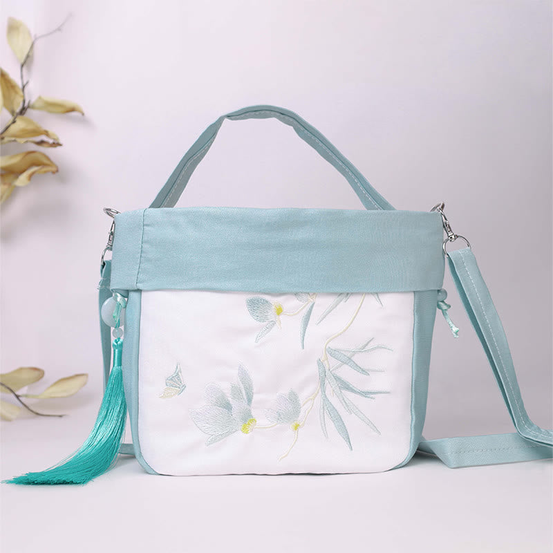Sac fourre-tout en coton et lin avec broderie Lotus Spirituel 20 cm