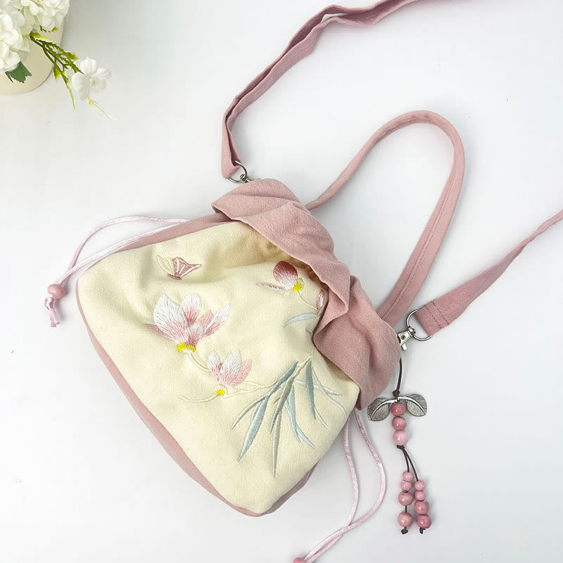 Sac fourre-tout en coton et lin avec broderie Lotus Spirituel 20 cm