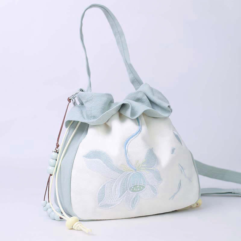Sac fourre-tout en coton et lin avec broderie Lotus Spirituel 20 cm