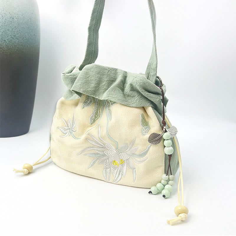 Sac fourre-tout en coton et lin avec broderie Lotus Spirituel 20 cm
