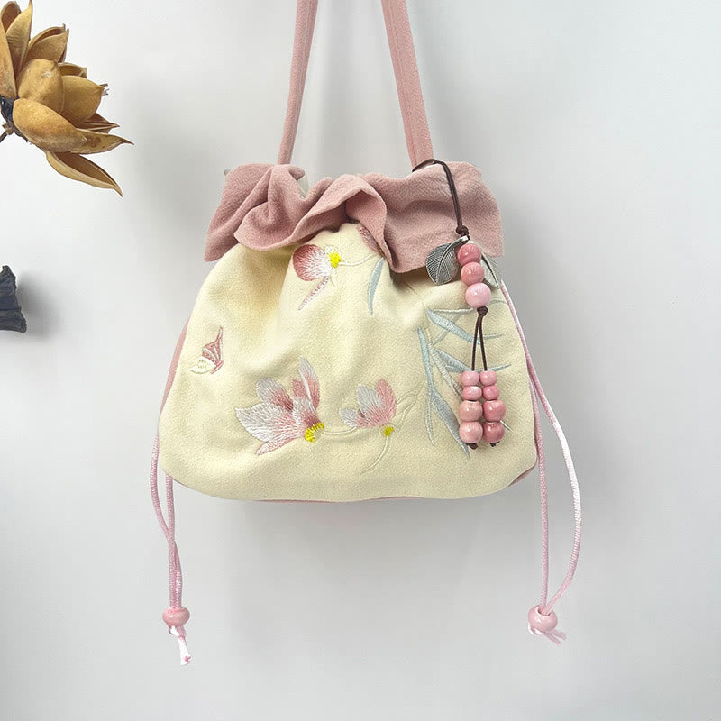 Sac fourre-tout en coton et lin avec broderie Lotus Spirituel 20 cm