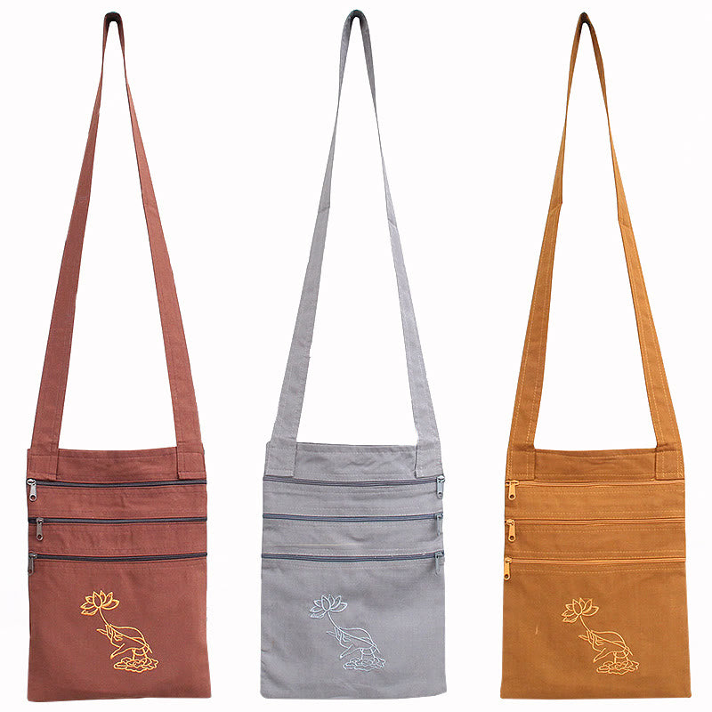 Sac à bandoulière de pratique spirituelle brodé en coton avec motif lotus