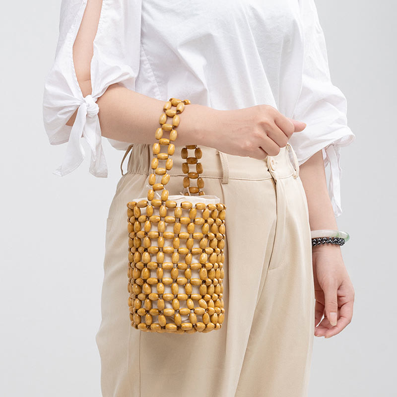 Sac à main en bois brut avec perles en bois pour accessoires spirituels