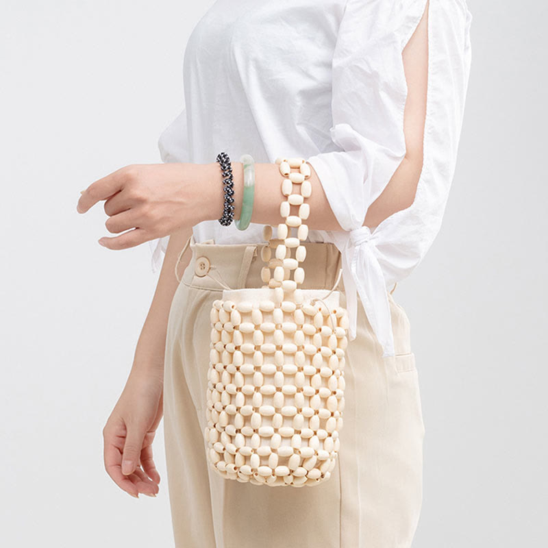 Sac à main en bois brut avec perles en bois pour accessoires spirituels