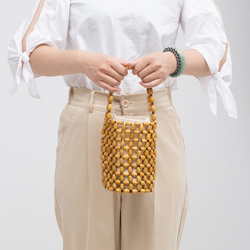 Sac à main en bois brut avec perles en bois pour accessoires spirituels