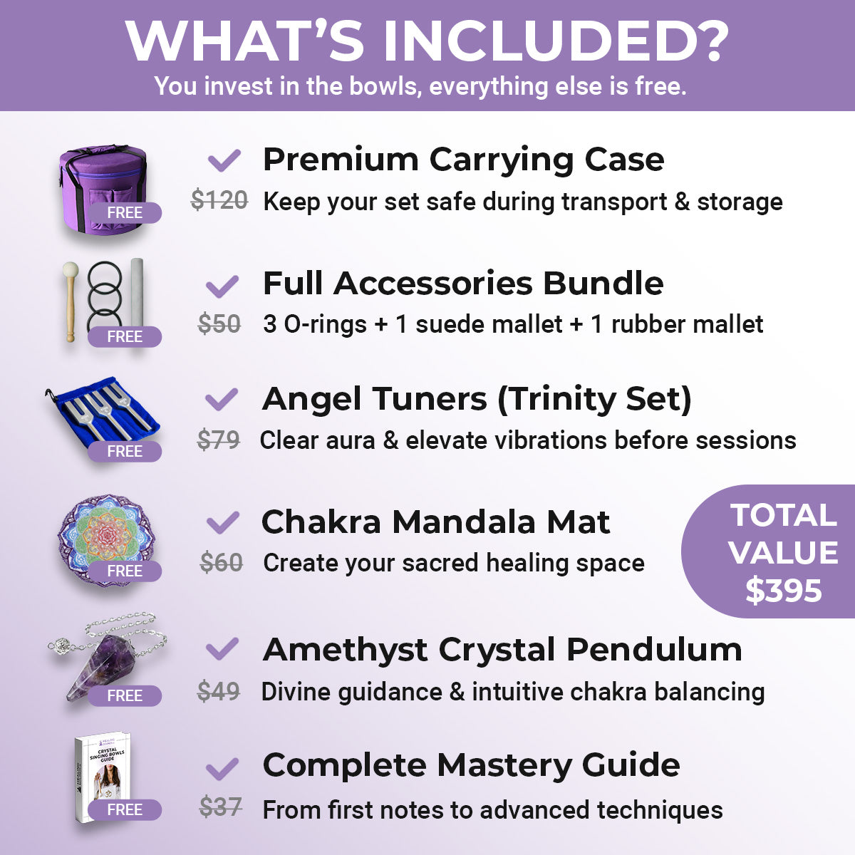 Ensemble de 3 bols chantants en cristal avec symboles de chakra 8"G 10"E 12"C