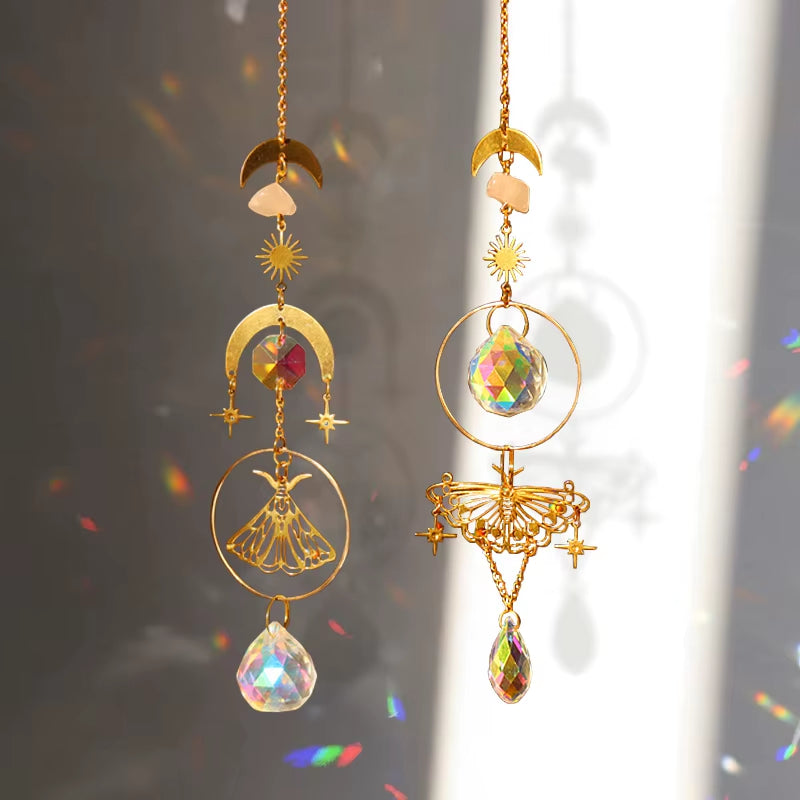 Decorative hanging crystal suncatchers with golden moon and star designs for outdoor decor