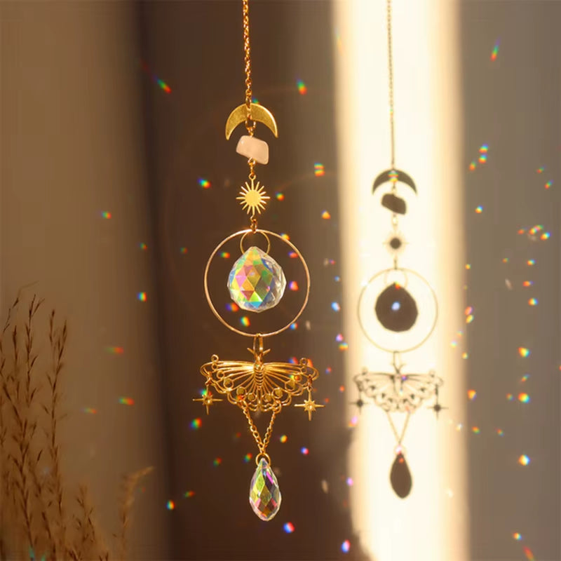 Decorative crystal suncatcher with moon and star accents in Crystal Butterfly Wind Chime