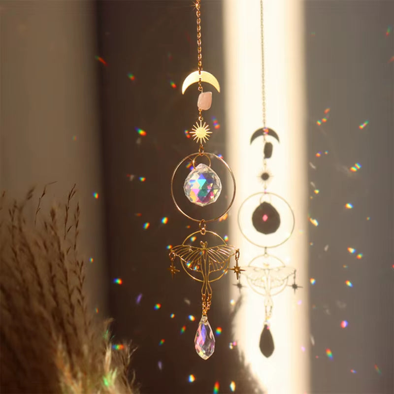 Crystal Butterfly Wind Chime featuring moon phases and geometric designs for outdoor decor