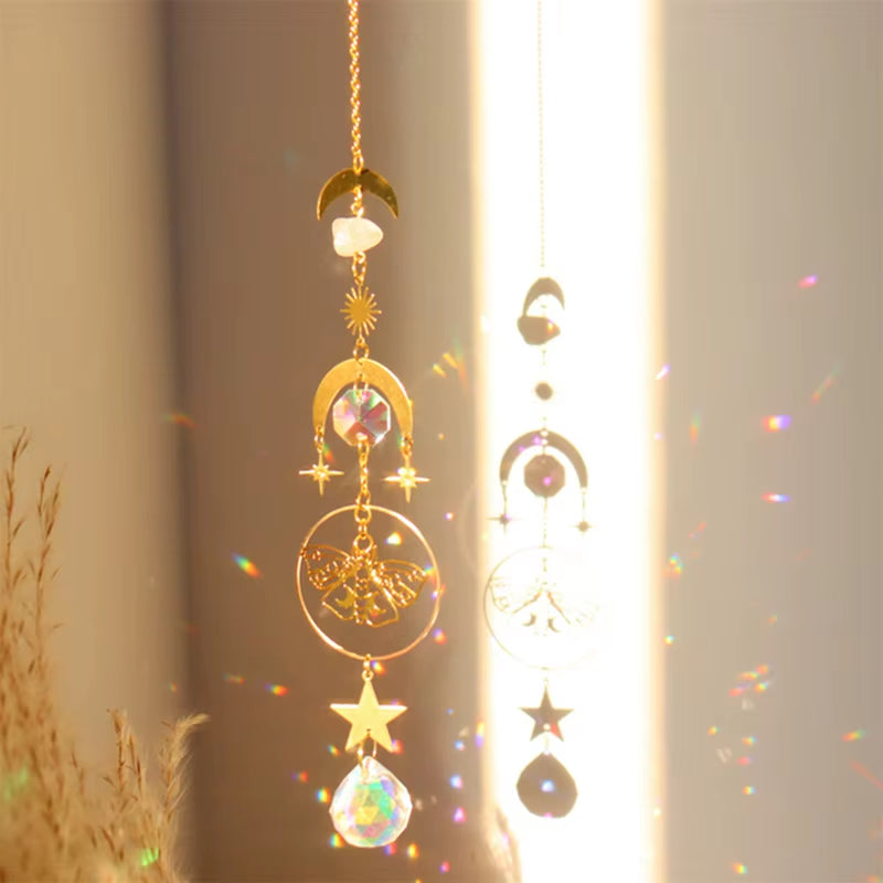 Golden celestial sun-moon-stars ornament with crystal prisms for outdoor decor