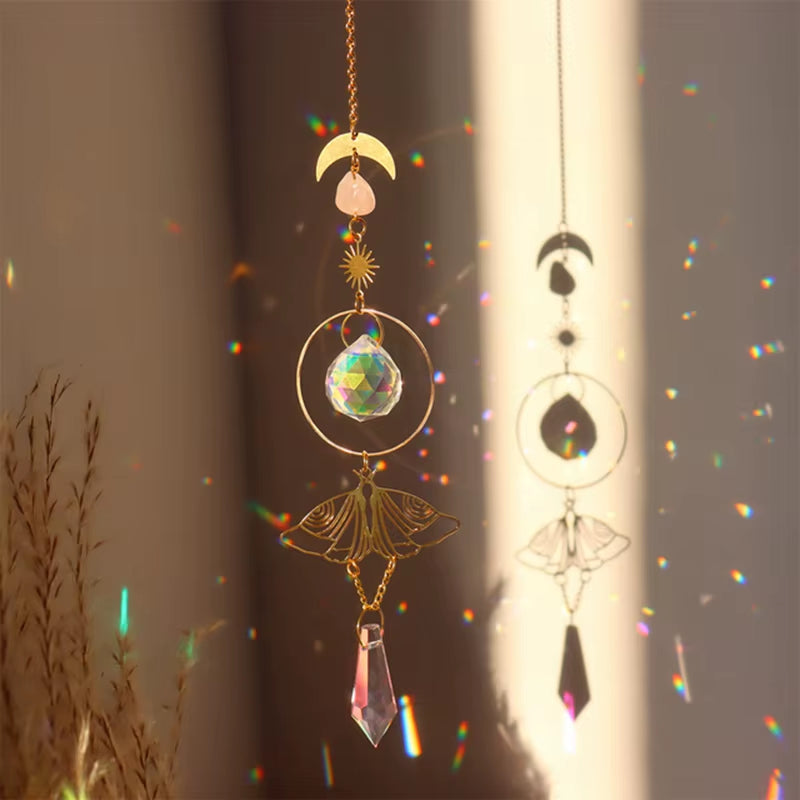 Crystal Butterfly Wind Chime with Moon and Celestial Design Elements for Outdoor Decor