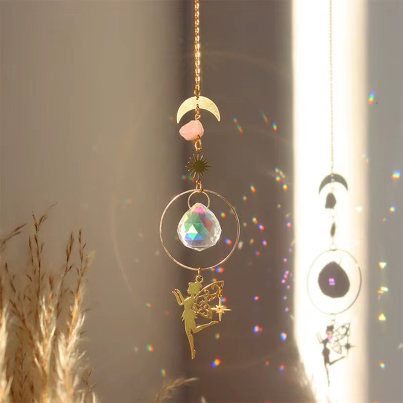 Hanging crystal suncatcher with fairy and crescent moon charm for rainbow reflections