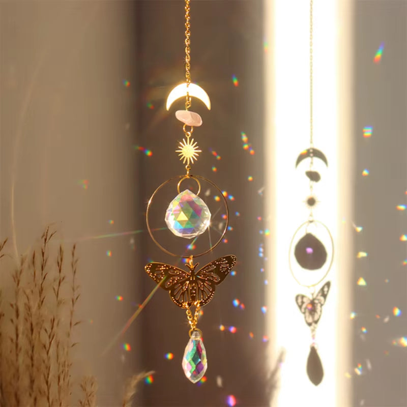 Crystal Butterfly Wind Chime with golden butterfly design and rainbow-reflecting prisms