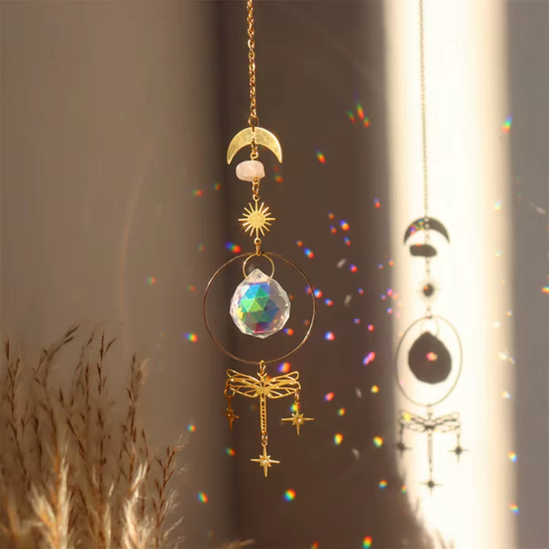 Decorative hanging crystal suncatcher with dragonfly and celestial designs for outdoor decor