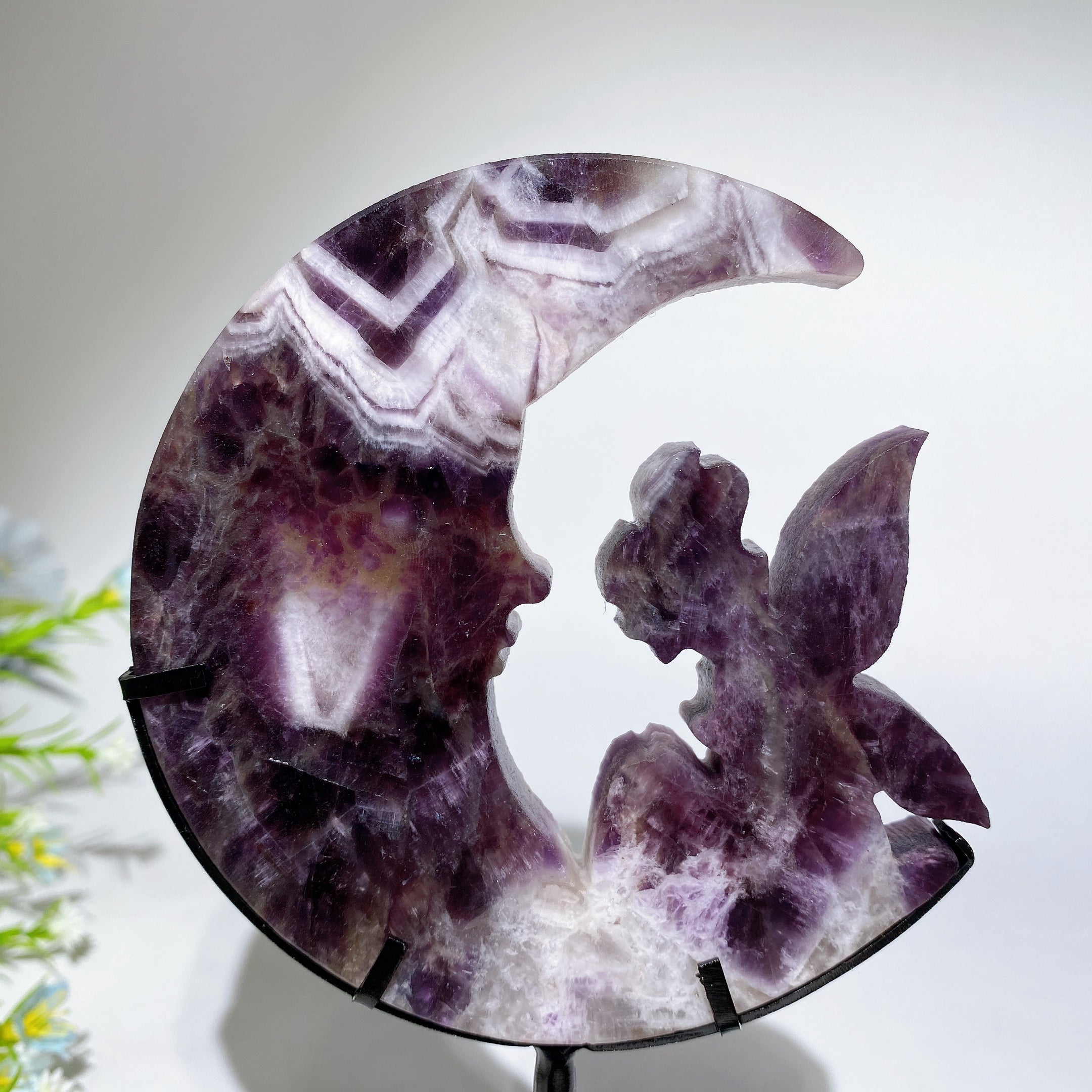 Crystal Fairy Moon Face Carving 18cm Display Stand