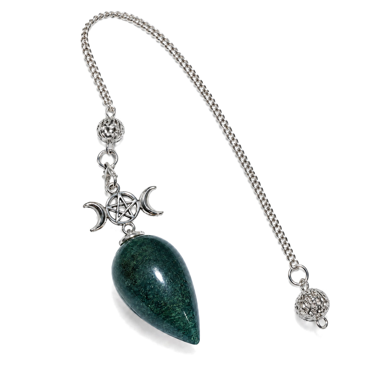 25cm Crystal Healing Pendulum for Energy & Chakra Balance, Moss Agate, on a white background