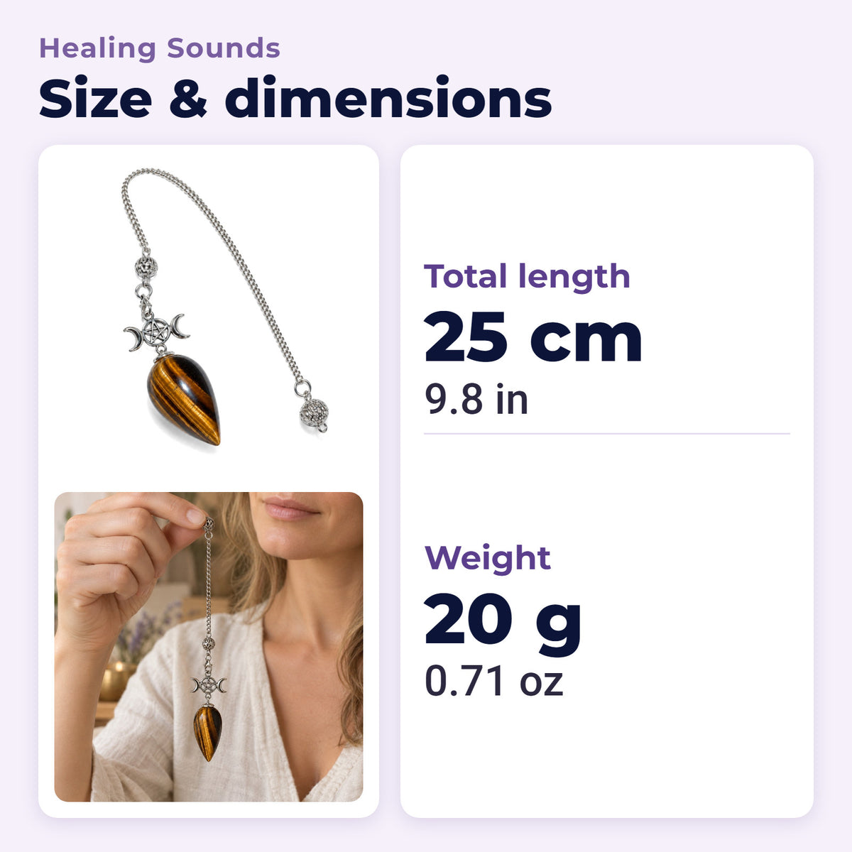 25cm Crystal Healing Pendulum for Energy & Chakra Balance, size and dimensions in millimetres and inches