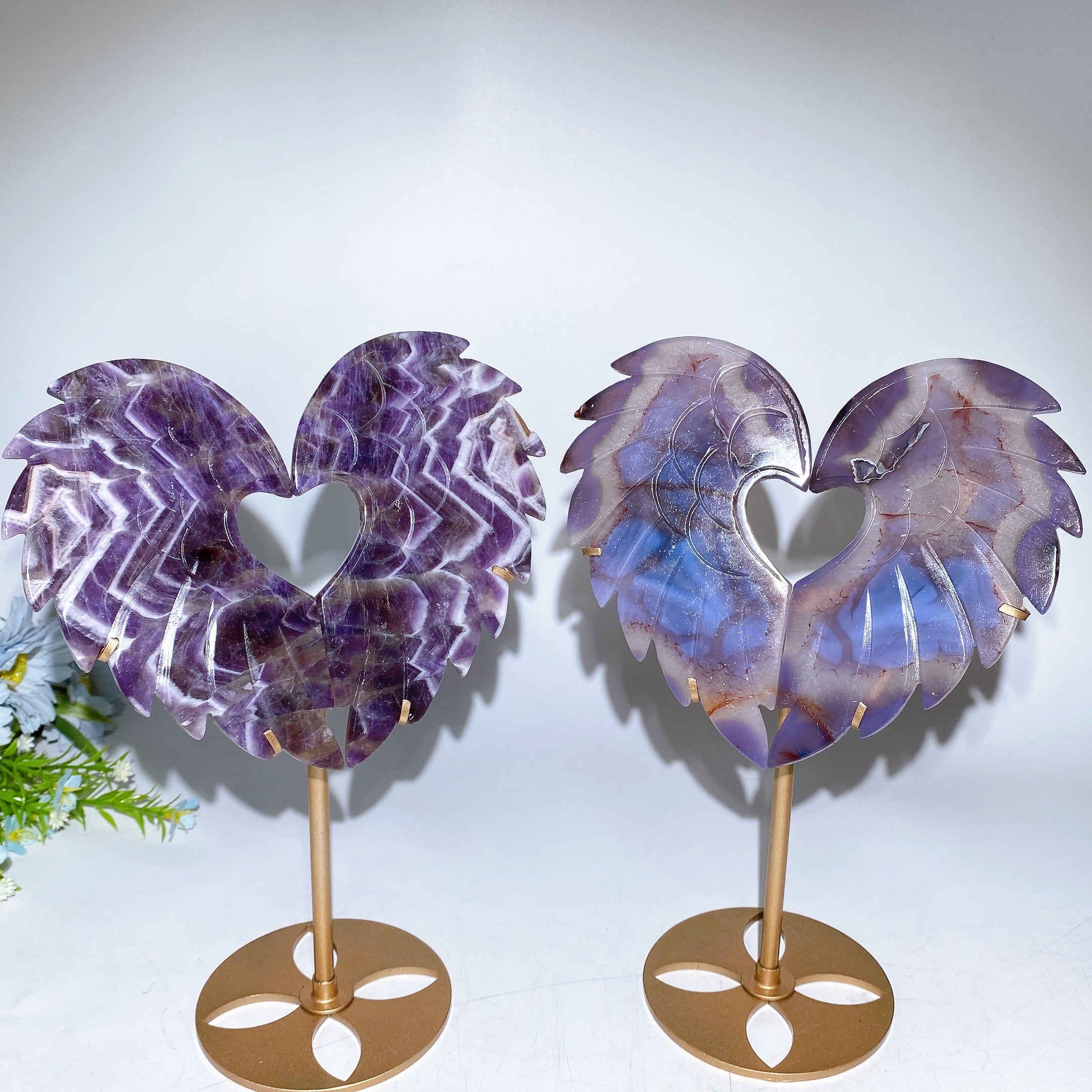 Crystal Heart Wings Gemstone Figurines with Stand 25cm