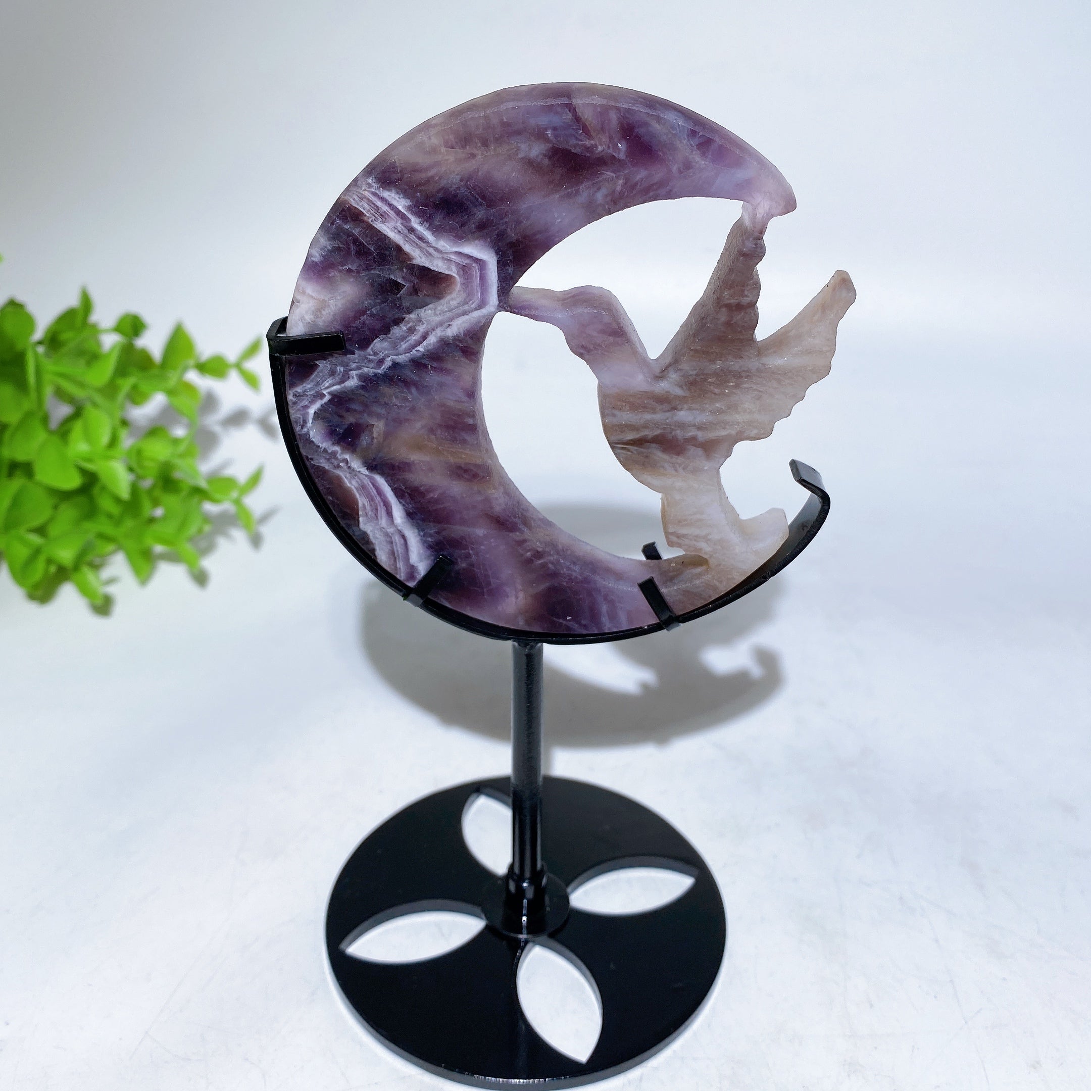 Crystal Hummingbird on Moon Healing Figurine 3.4in