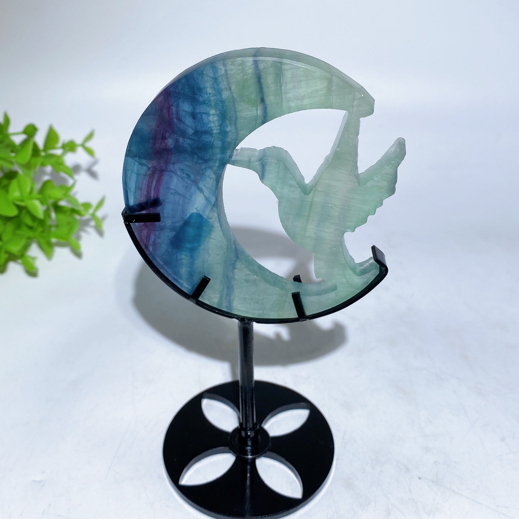 Crystal Hummingbird on Moon Healing Figurine 3.4in