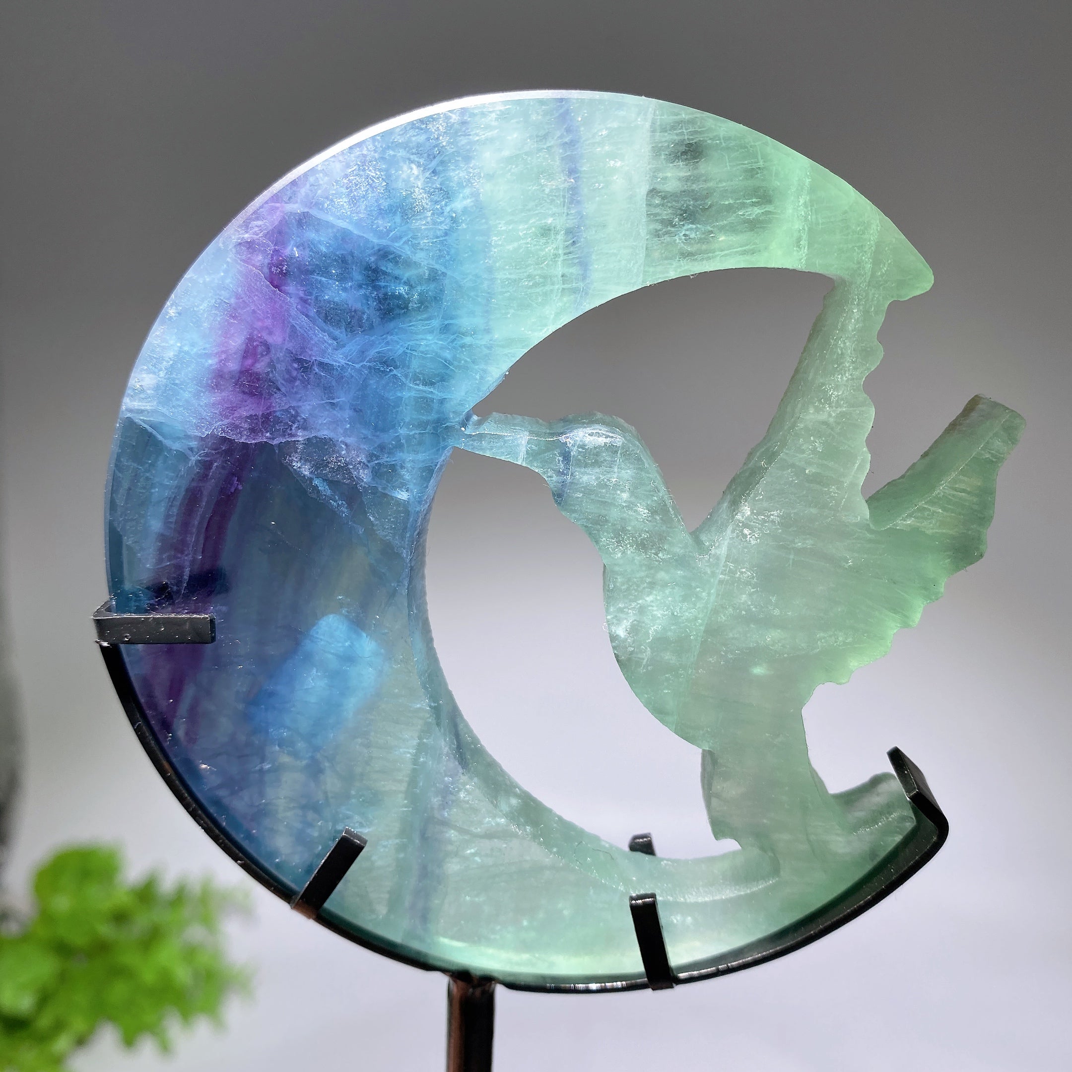 Crystal Hummingbird on Moon Healing Figurine 3.4in