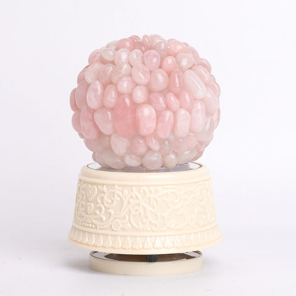 Boîte à musique en cristal avec spécimens de pierres précieuses naturelles : améthyste, quartz rose, fluorite, agate fleur