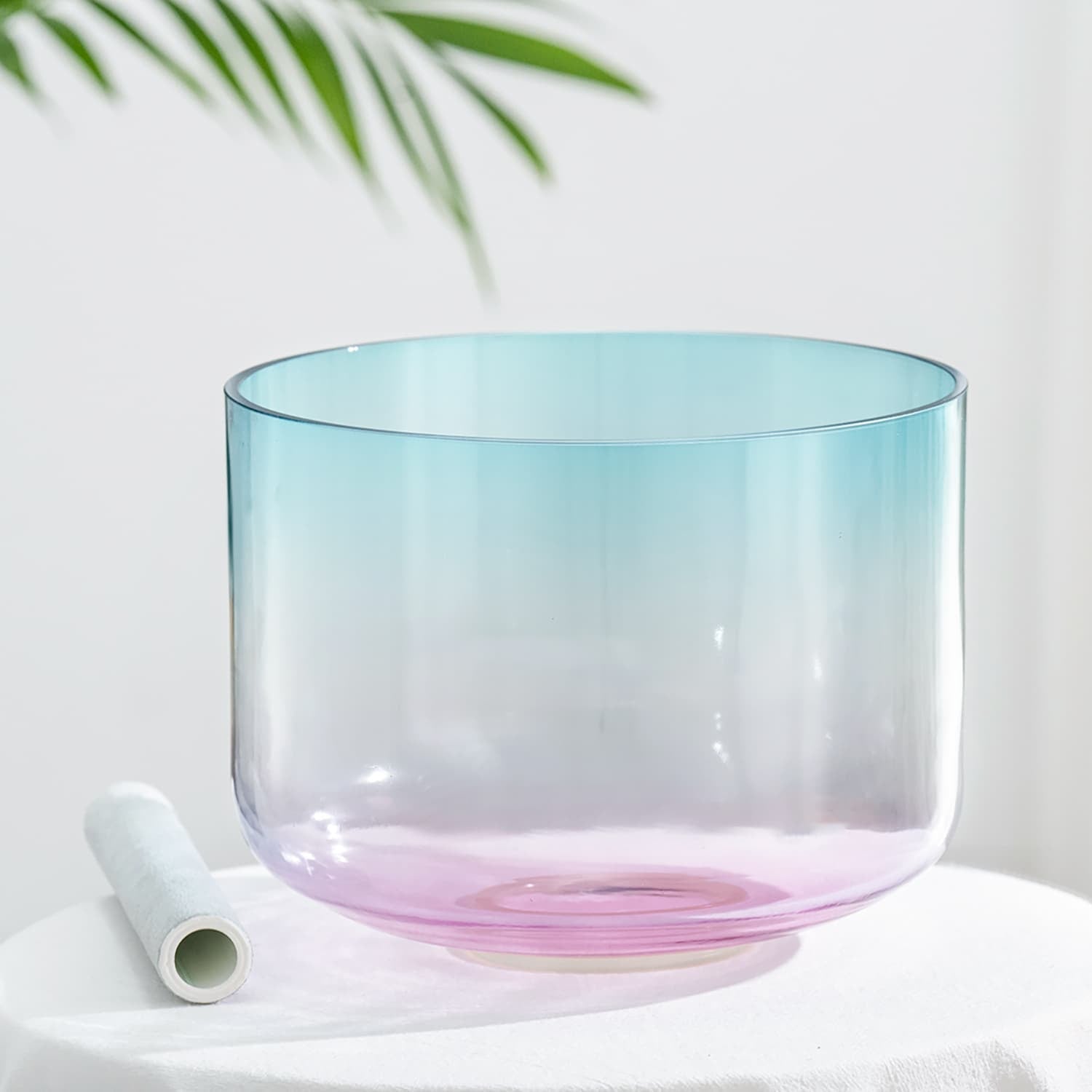 Glass bowl with turquoise to pink gradient for Crystal Singing Bowl Alchemy sound healing