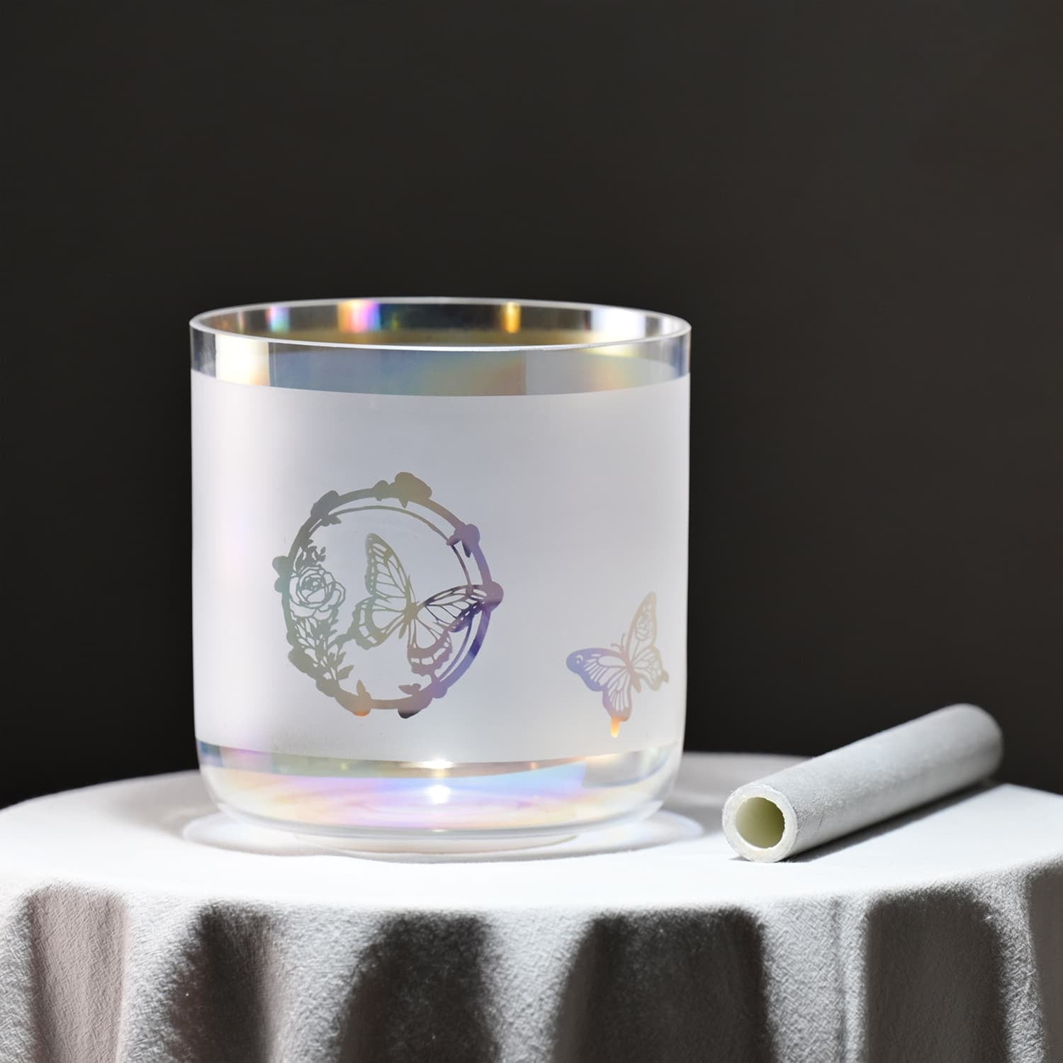 Frosted glass candle holder with butterfly designs from Crystal Singing Bowl Butterfly Alchemy