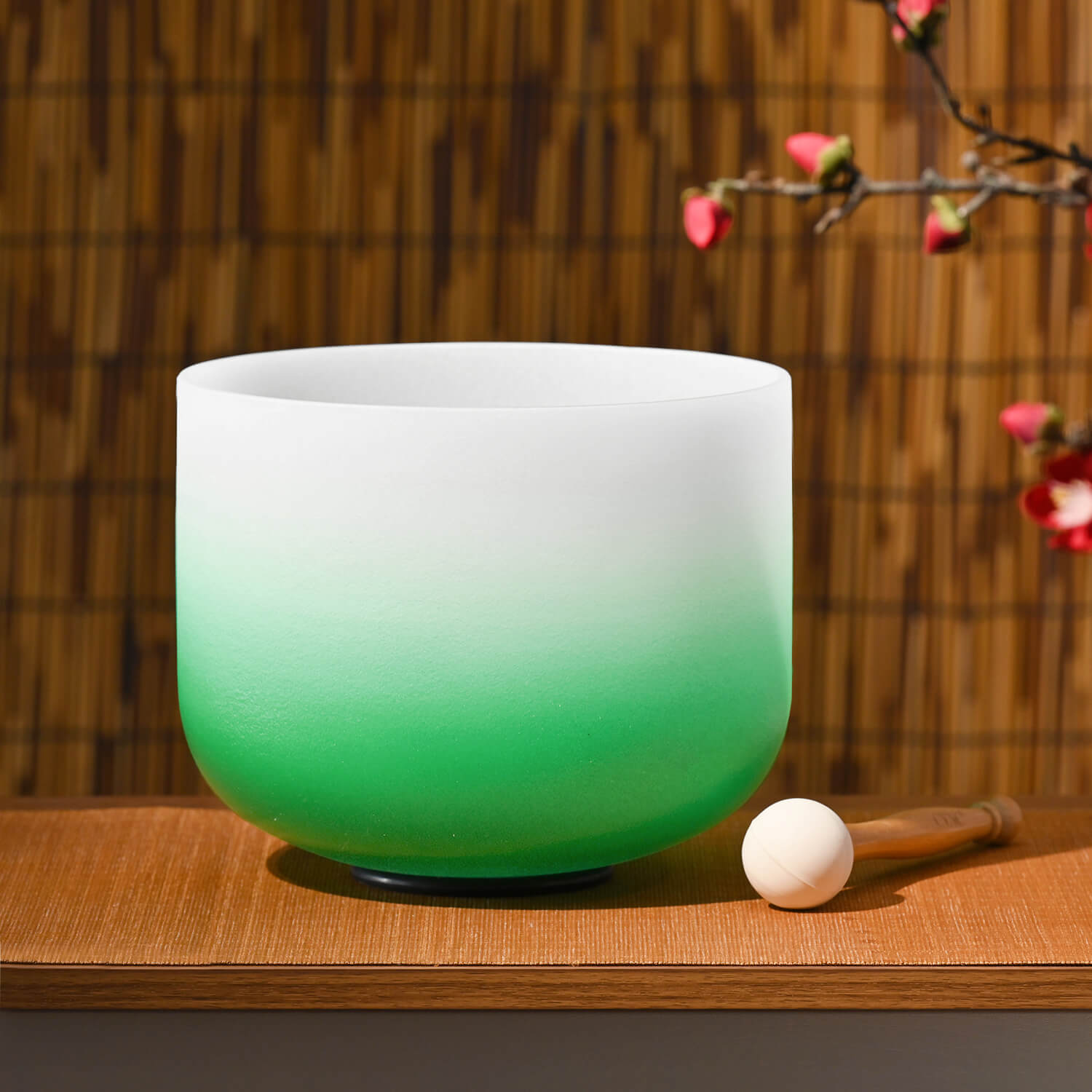 White and green gradient Crystal Singing Bowl with striker for Heart Chakra healing