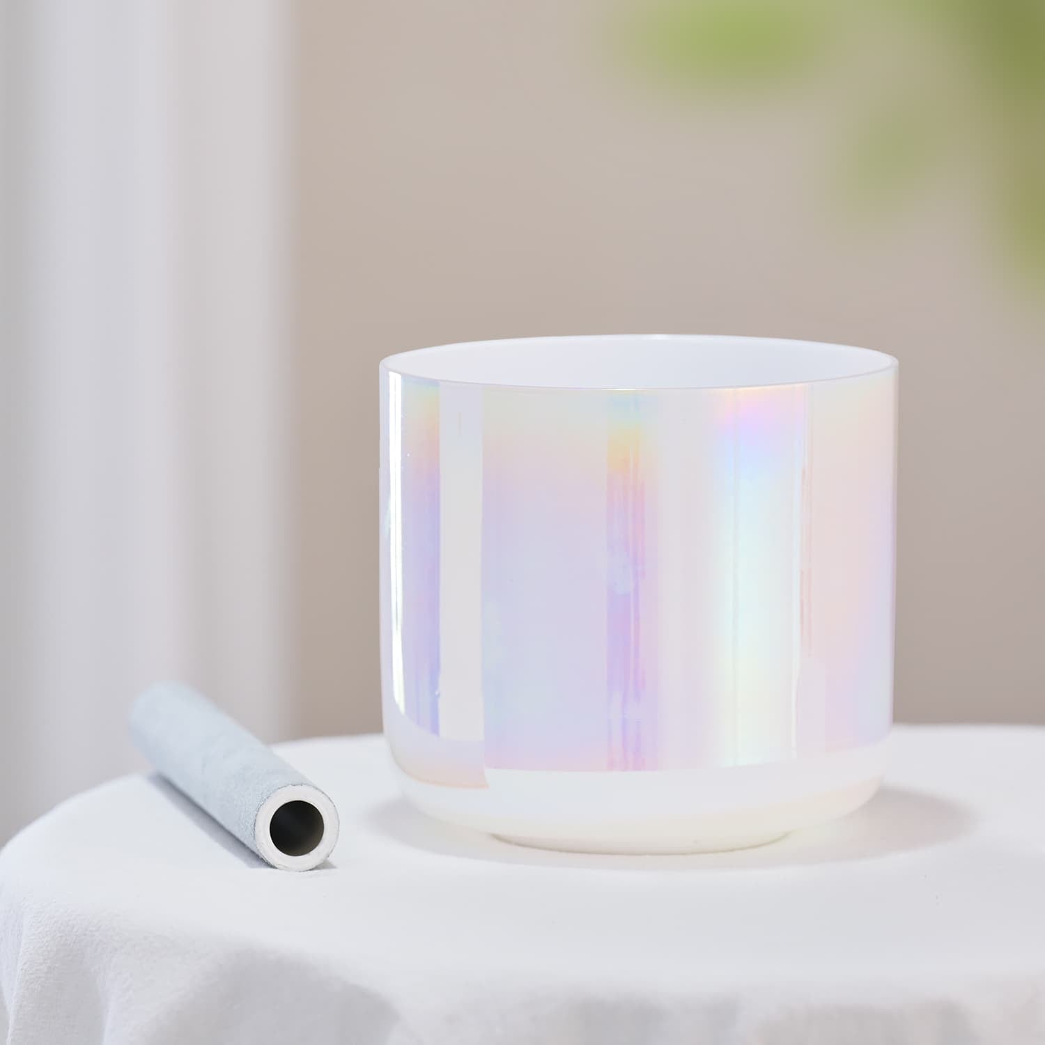 Iridescent white Crystal Singing Bowl Pearl Alchemy with mallet for healing