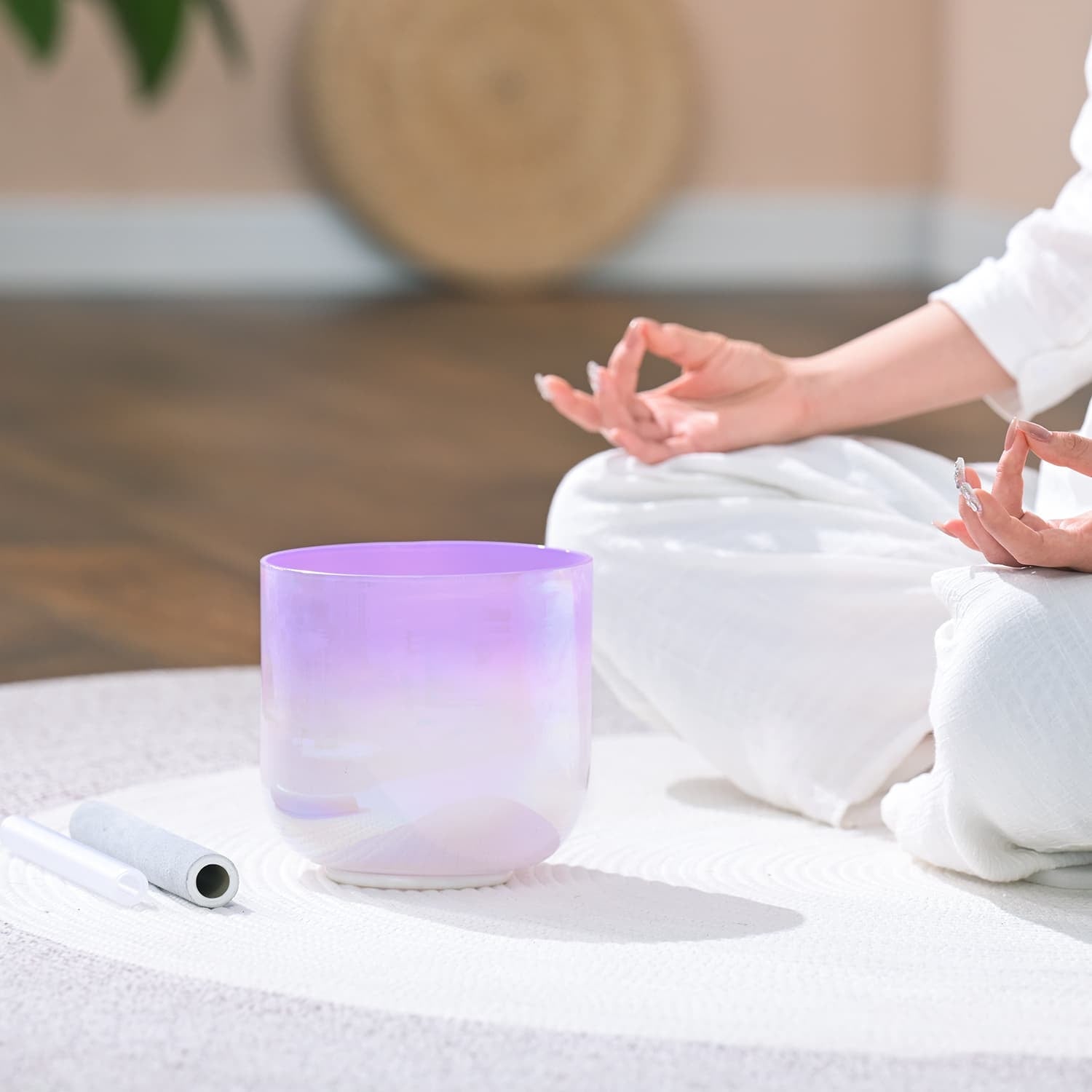 Frosted Purple Nebula Crystal Singing Bowl for Sound Healing with a glowing effect