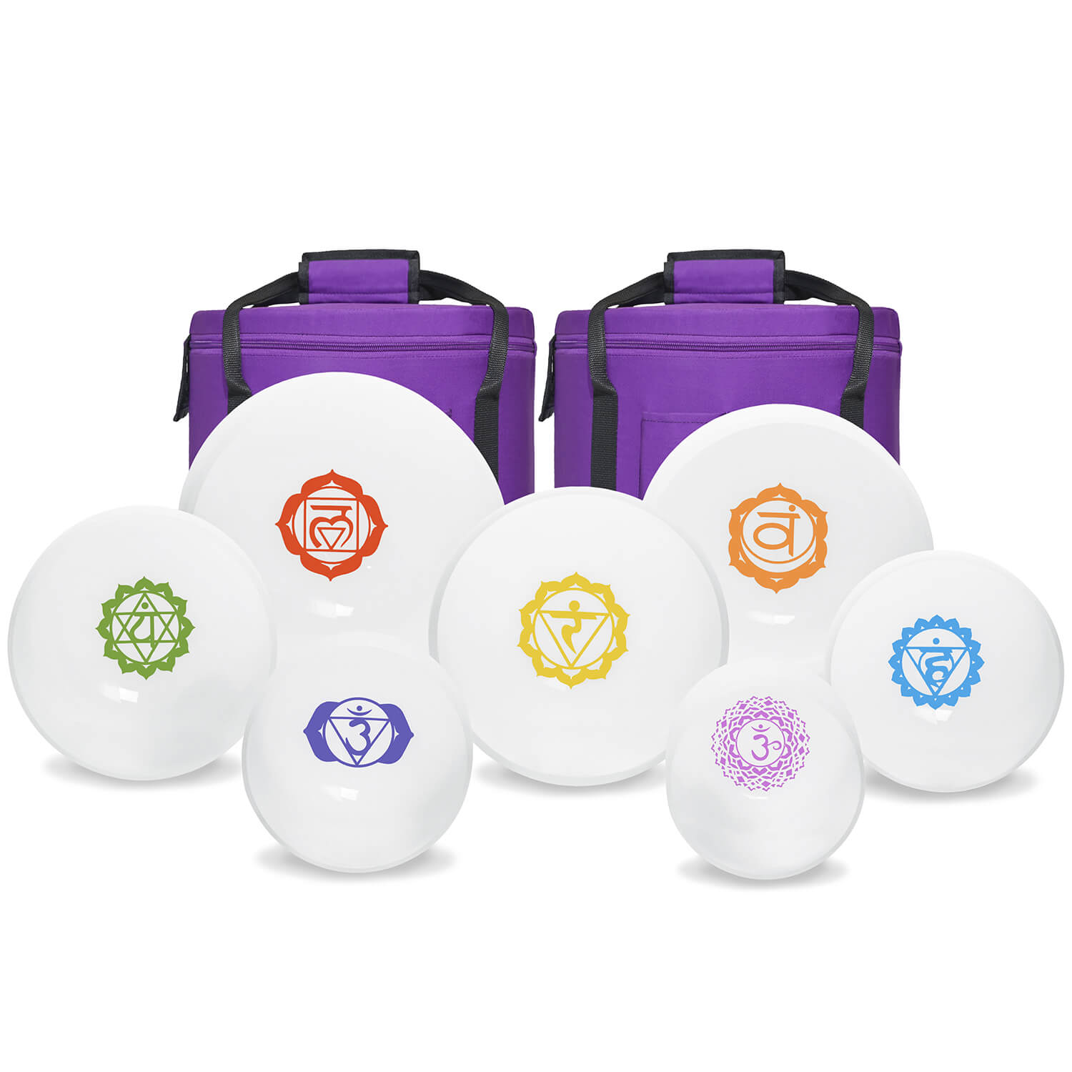 Set of white crystal singing bowls with chakra symbols and purple carrying cases