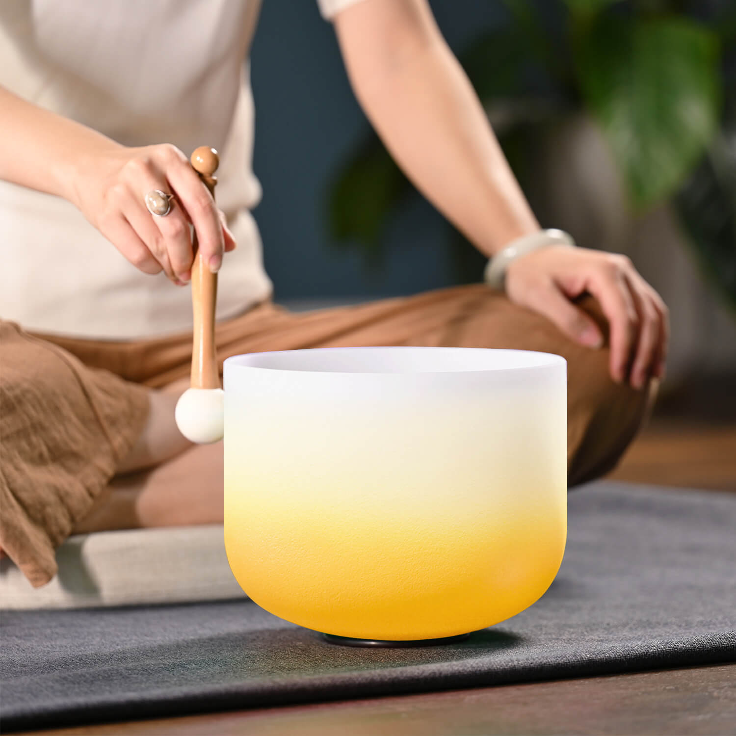 Yellow and white frosted Crystal Singing Bowl with mallet for Solar Plexus healing