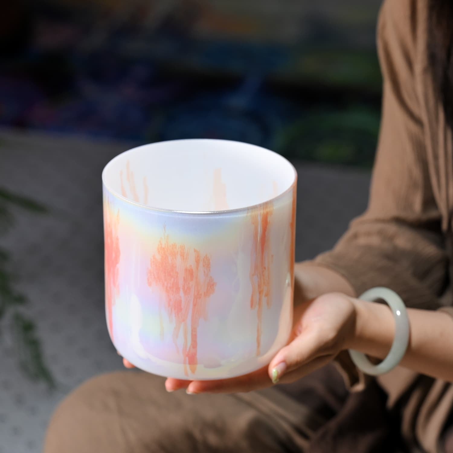 Iridescent white ceramic mug with peach drip patterns from Crystal Singing Bowl Sun Alchemy