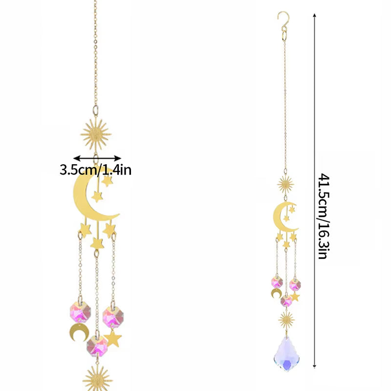 Decorative celestial suncatcher with moons, stars, and crystal beads in wind chimes