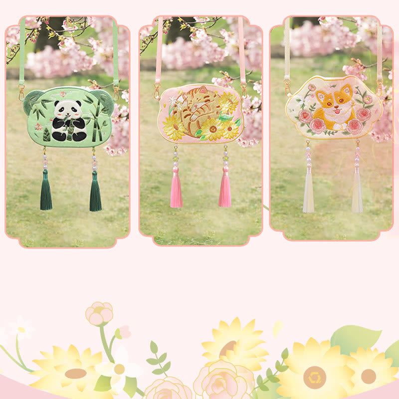 Sac Hanfu brodé motif animal mignon | Sac bandoulière porte-bonheur panda et chat