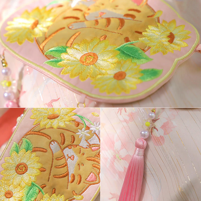 Sac Hanfu brodé motif animal mignon | Sac bandoulière porte-bonheur panda et chat