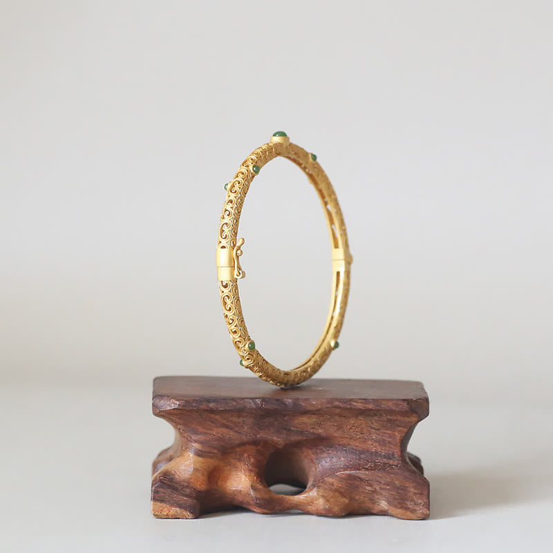 Bracelet en jade cyan et cuivre, nuages ​​propices pour le calme et la chance