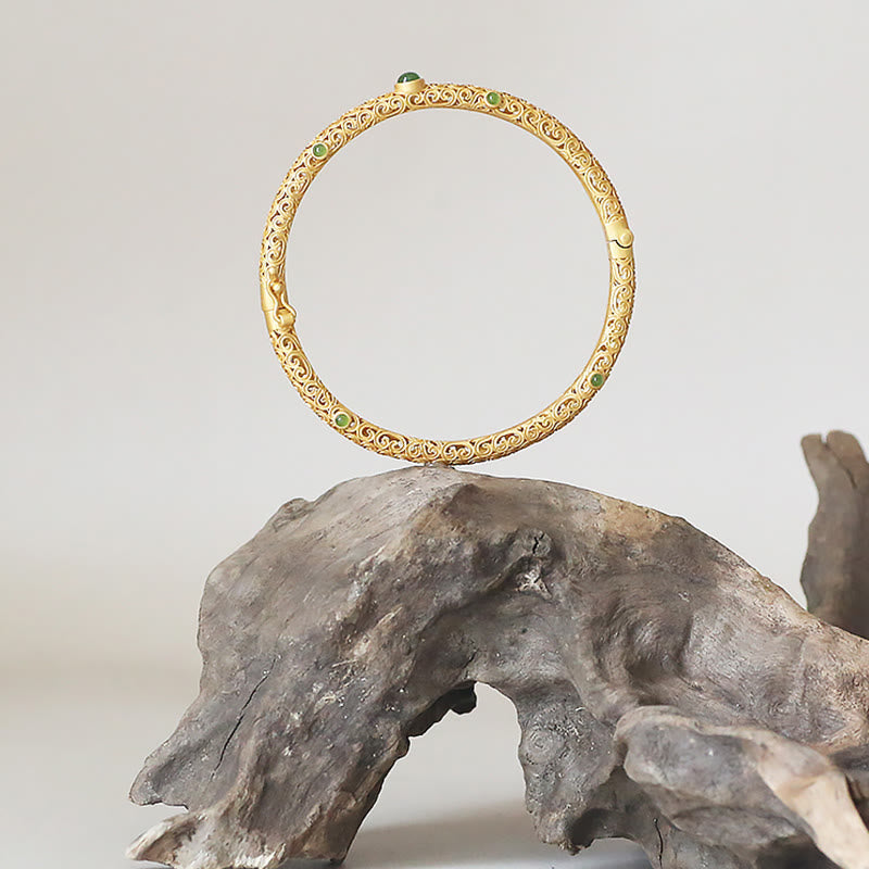 Bracelet en jade cyan et cuivre, nuages ​​propices pour le calme et la chance