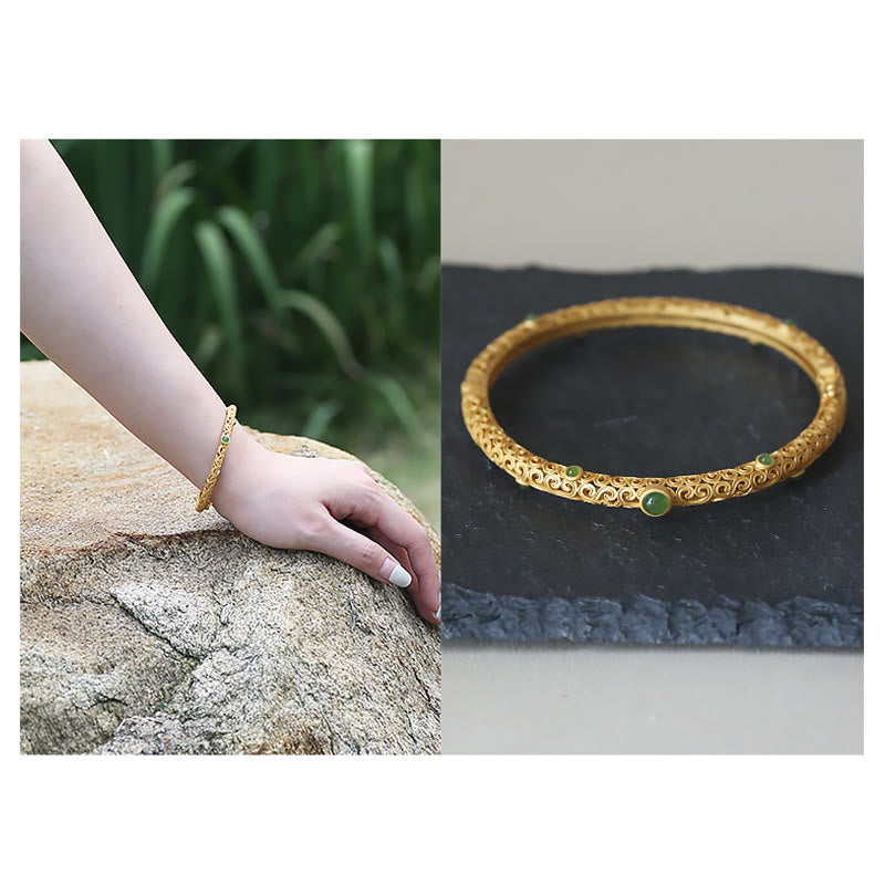 Bracelet en jade cyan et cuivre, nuages ​​propices pour le calme et la chance