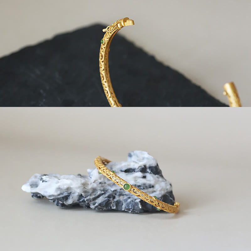 Bracelet en jade cyan et cuivre, nuages ​​propices pour le calme et la chance